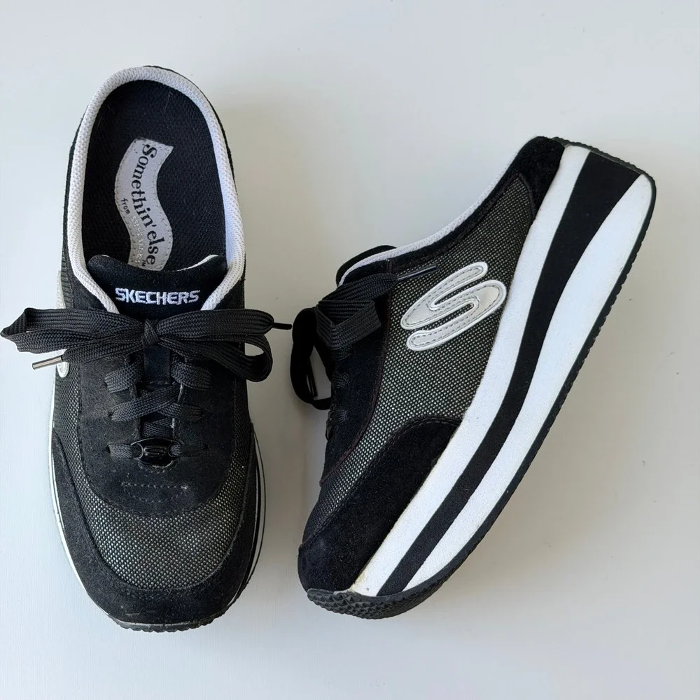 Vintage Skechers Somethin' Else Mules Women 7.5 Black Platform Y2K Sneakers